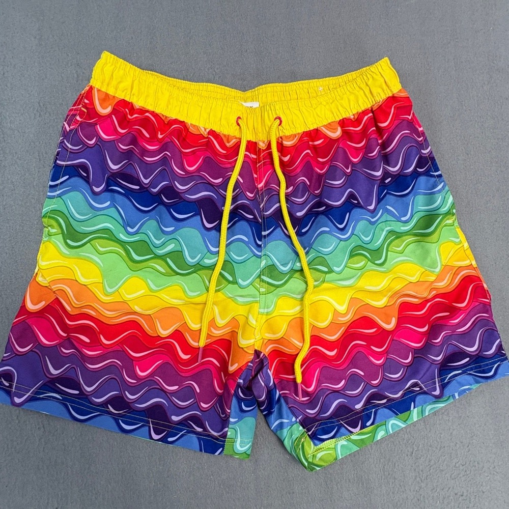 Way to Celebrate Pride Mens Rainbow Wave Swim Trunks Medium 32-34 Mesh Lined